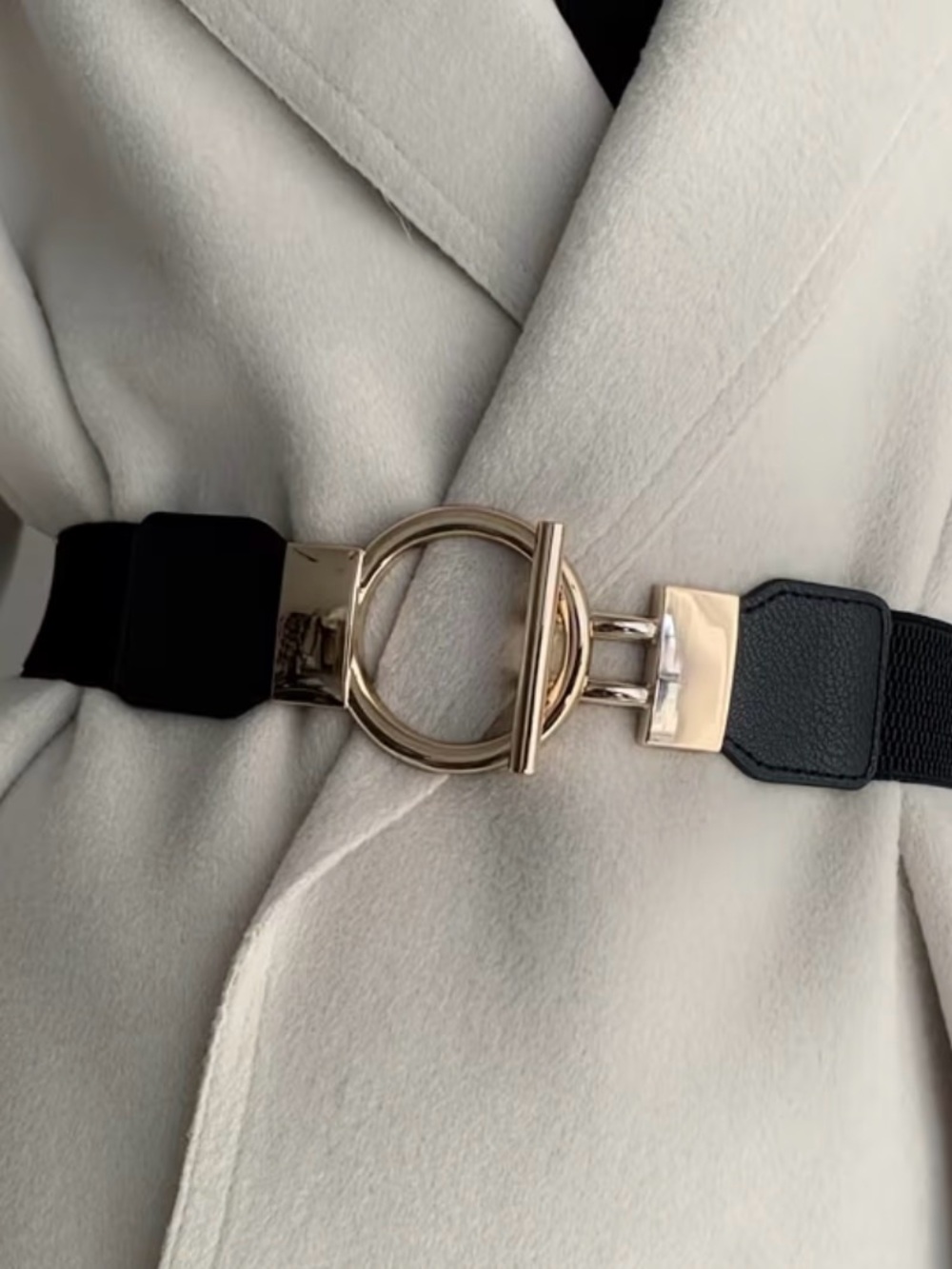 Elegant Black Elastic Belt with Gold Circle Toggle Buckle